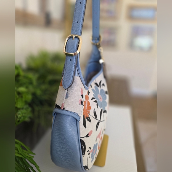 Kate Spade Penny Floral Jacquard Small Hobo + Rose Leather Circle Mirror Charm - Picture 7 of 16